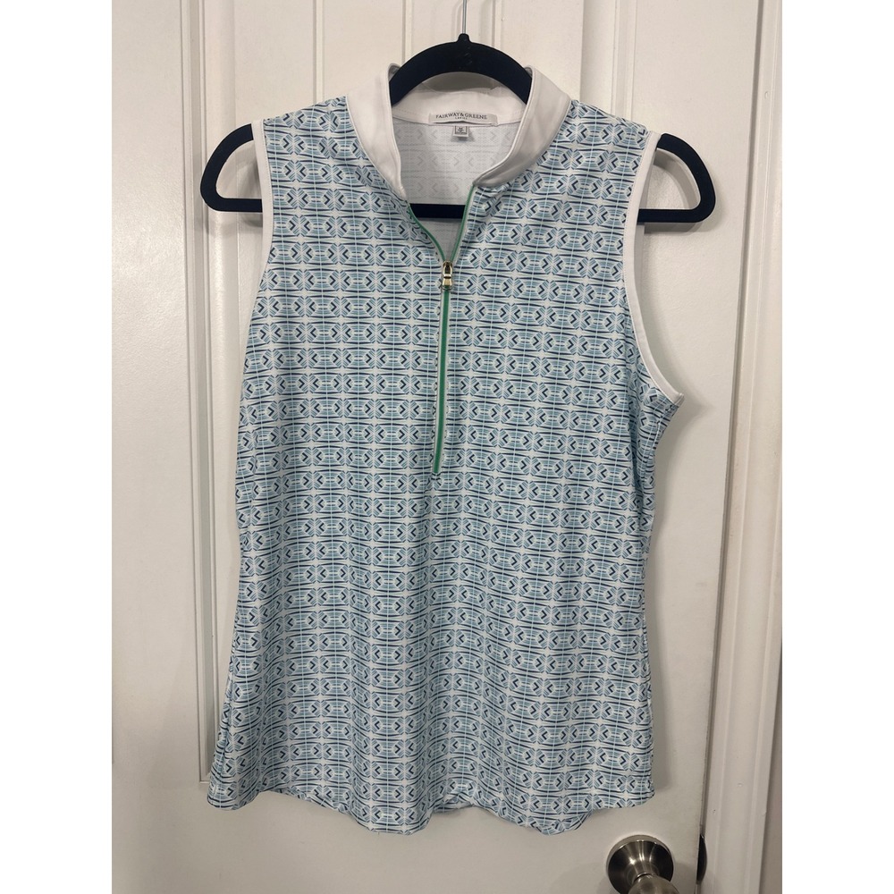 Fairway & Greene Womens Blue Geometric Print Sleeveless Quarter Zip Golf Polo M